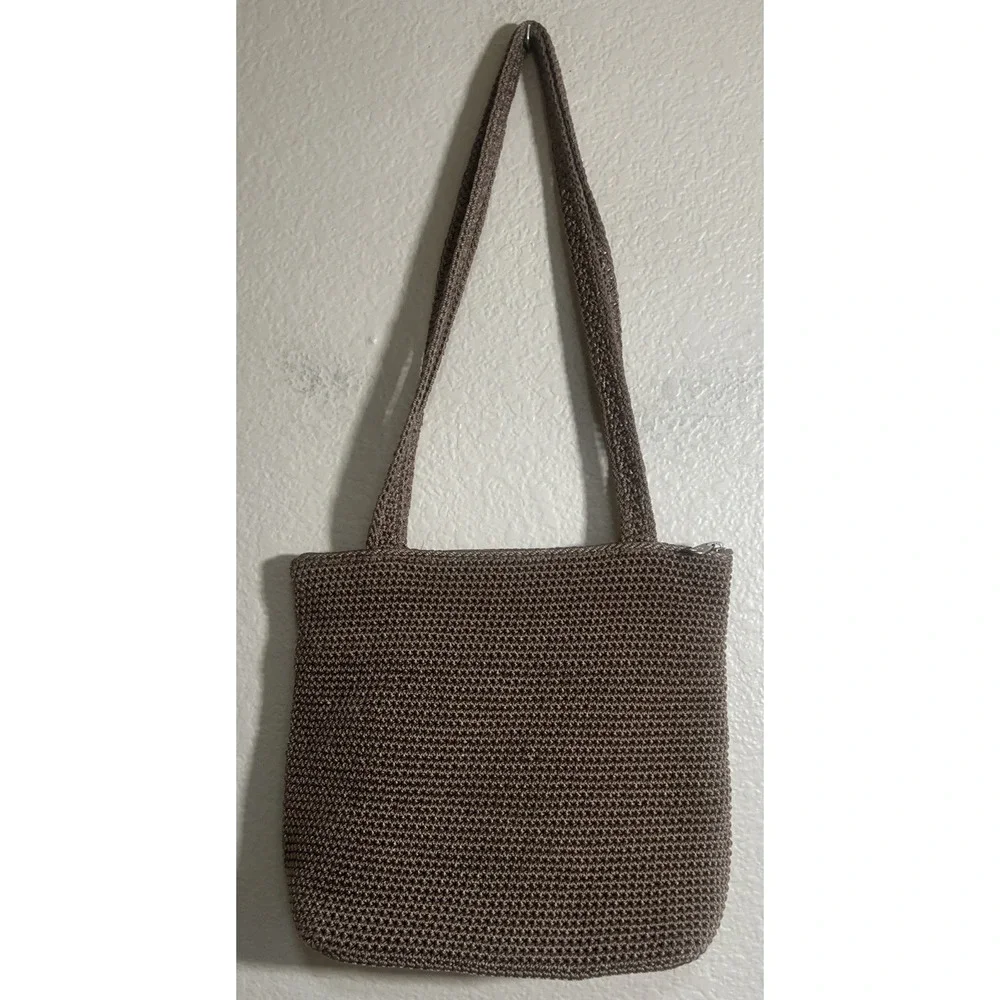 The Sak Crochet Taupe Shoulder Bag Solid  Lined Zip Silver Charm Boho Whimsical